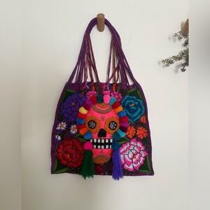 Skull Embroidered Tote Artisan Festival Shoulder Bag Statement 15x14